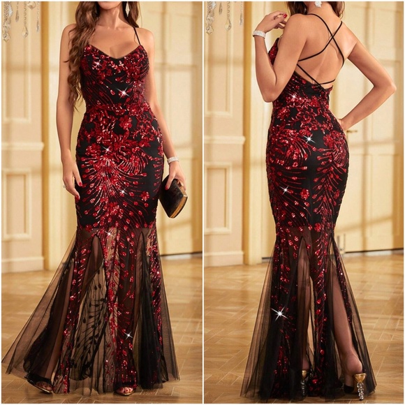 Luxe Sequin Floral Criss Cross Backless Party Formal Wedding Dress
